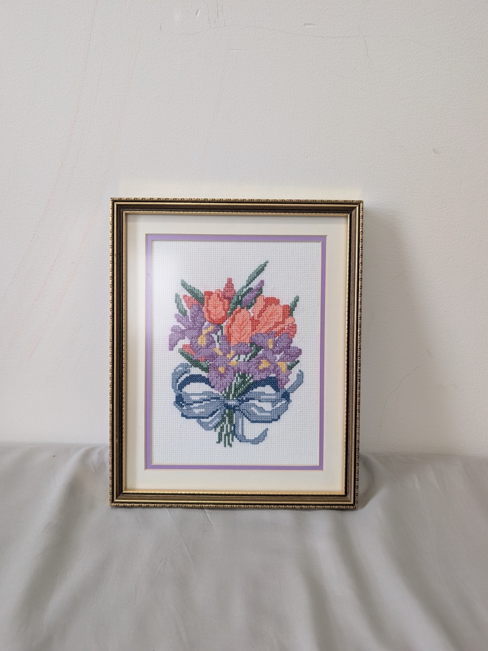 Framed Floral Cross-Stitch Art - Purple & Orange Bouquet